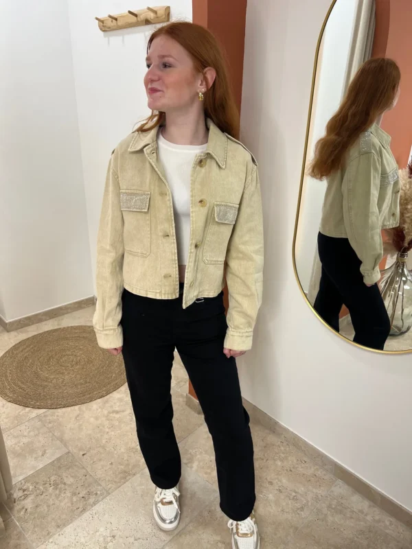 Veste jean beige femme avec strass