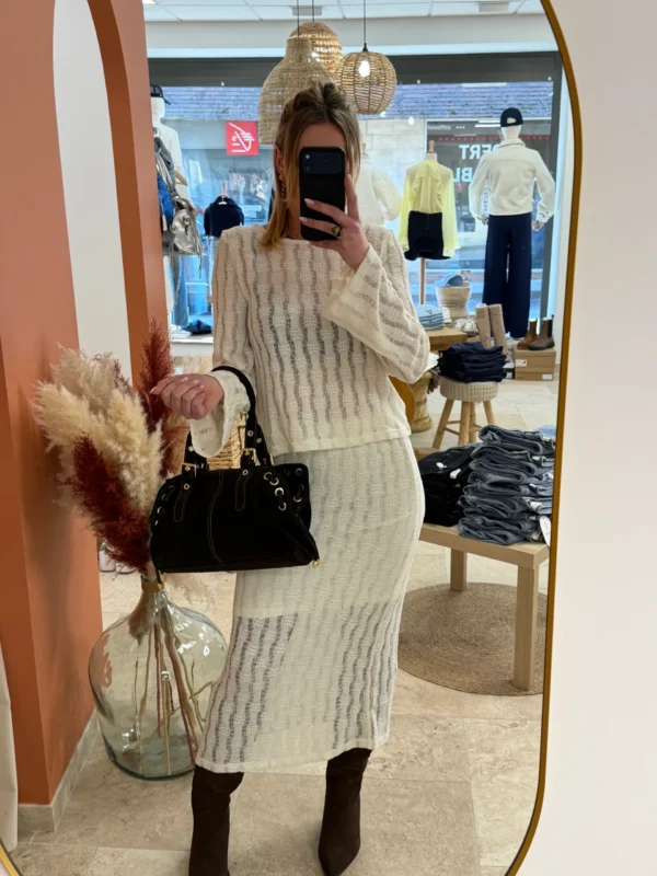Haut crochet femme manches longues écru