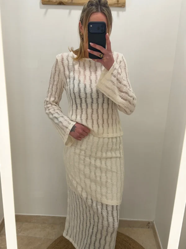 Haut crochet femme manches longues écru