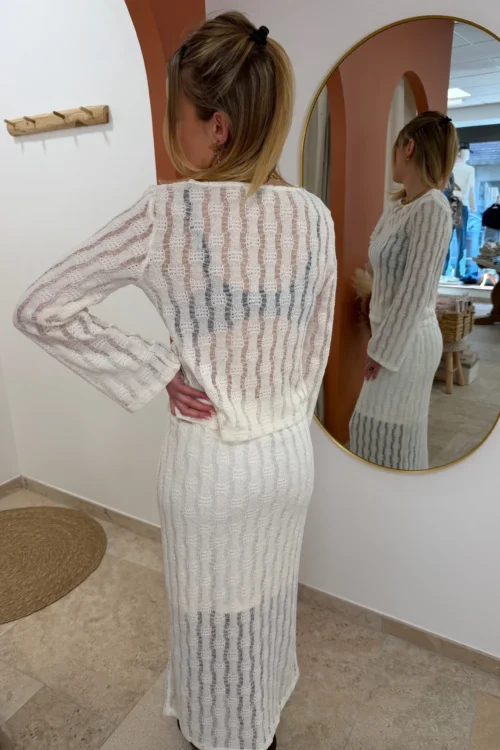 Haut crochet femme manches longues écru