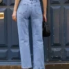 Jean droit bleu femme taille haute denim