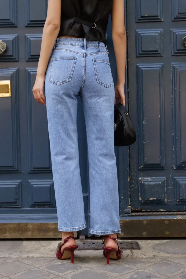 Jean droit bleu femme taille haute denim