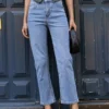 Jean droit bleu femme taille haute denim