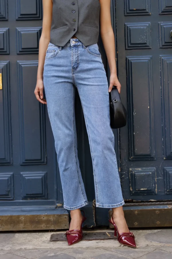 Jean droit bleu femme taille haute denim