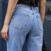 Jean droit bleu femme taille haute denim