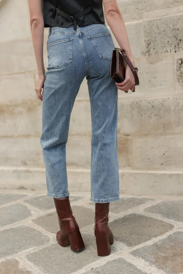 Jean droit femme bleu vintage taille haute