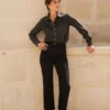 Jean noir femme taille haute coupe droite