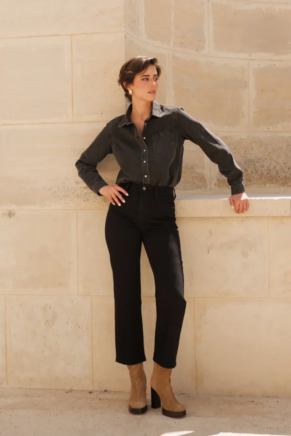 Jean noir femme taille haute coupe droite