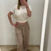 Pantalon vichy femme lin – Cropped écru chocolat | Dream By C
