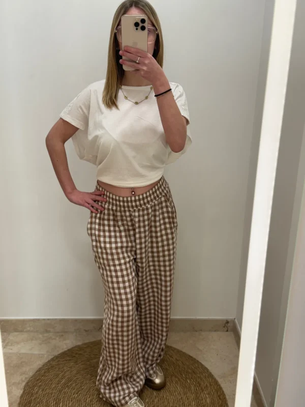 Pantalon vichy femme lin – Cropped écru chocolat | Dream By C