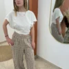 Pantalon vichy femme lin – Cropped écru chocolat | Dream By C