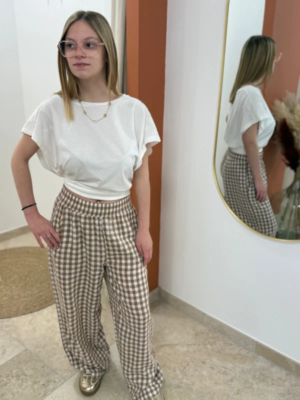 Pantalon vichy femme lin – Cropped écru chocolat | Dream By C