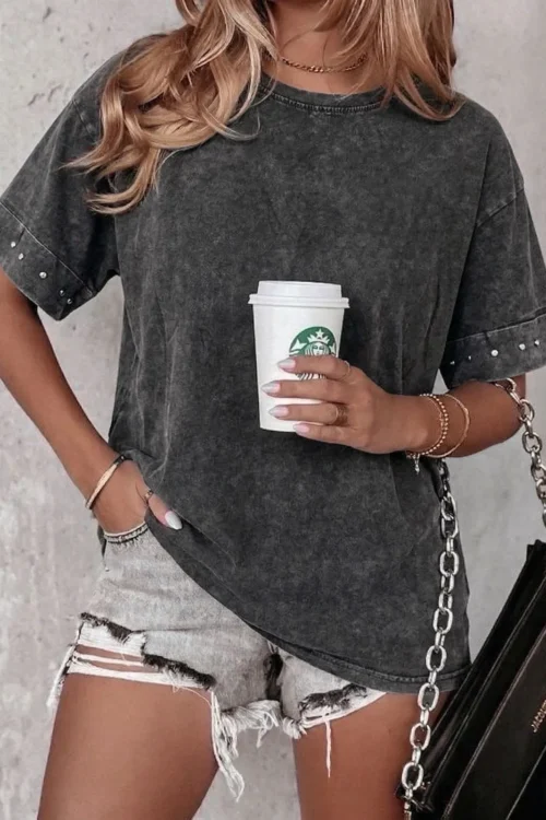 T-shirt gris femme oversize – Clous argentés délavé | Dream By C