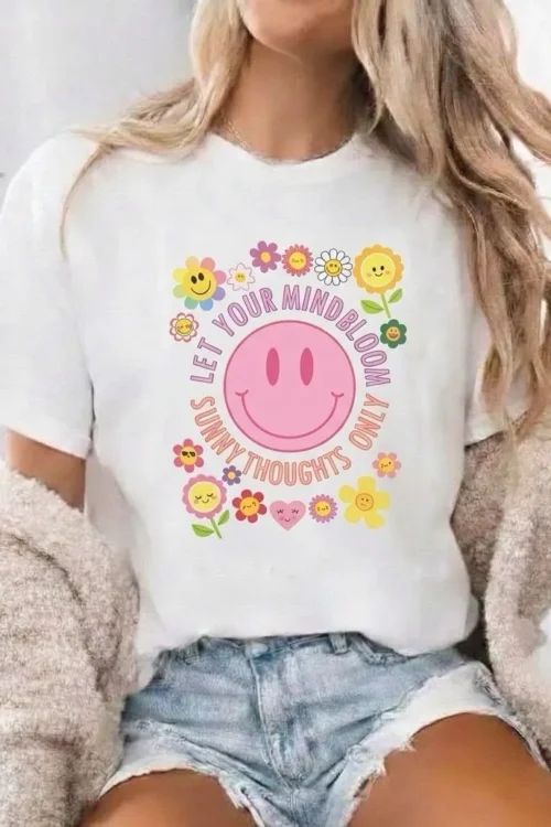 T-shirt smiley femme blanc – Fleurs & Bonne humeur | Dream By C
