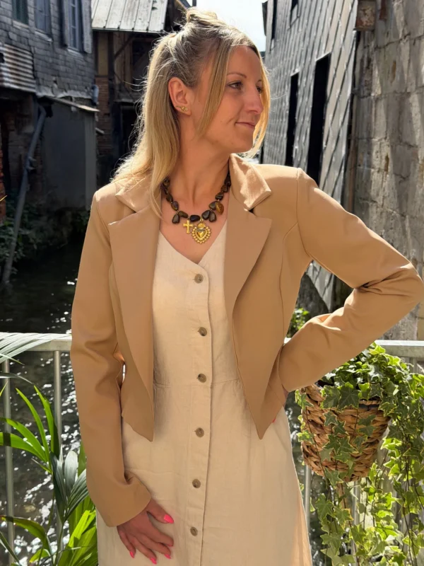 Blazer court femme cintré – Bleu marine camel écru | Dream By C