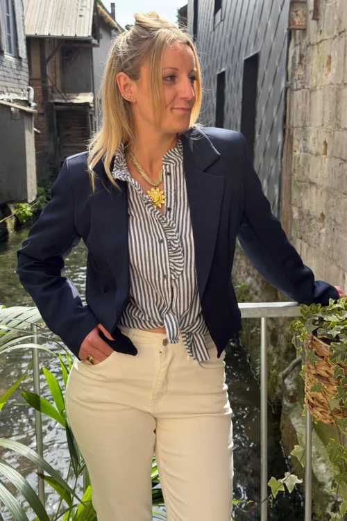 Blazer court femme cintré – Bleu marine camel écru | Dream By C