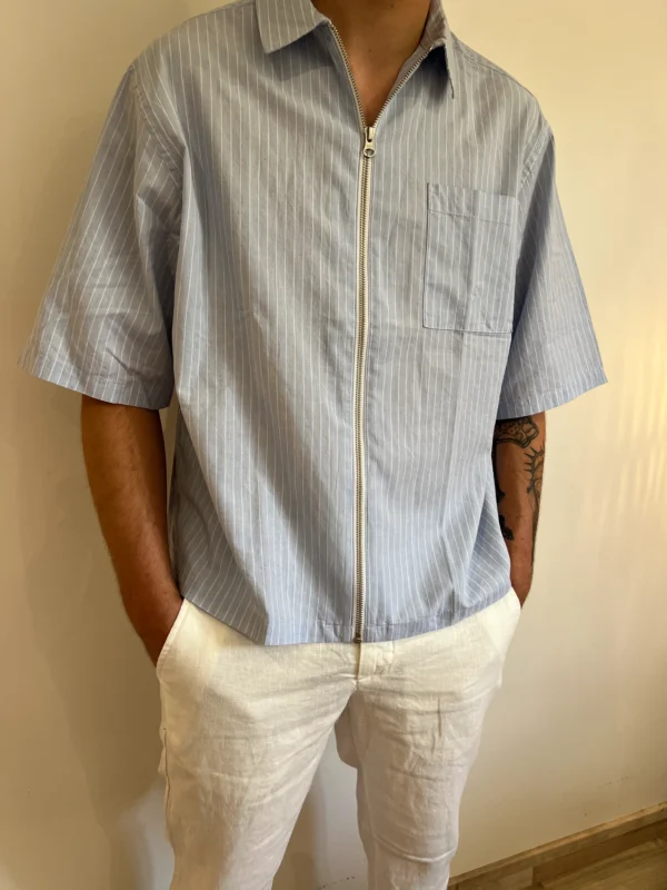 Chemise zip homme manches courtes, bleu rayé | Dream By C