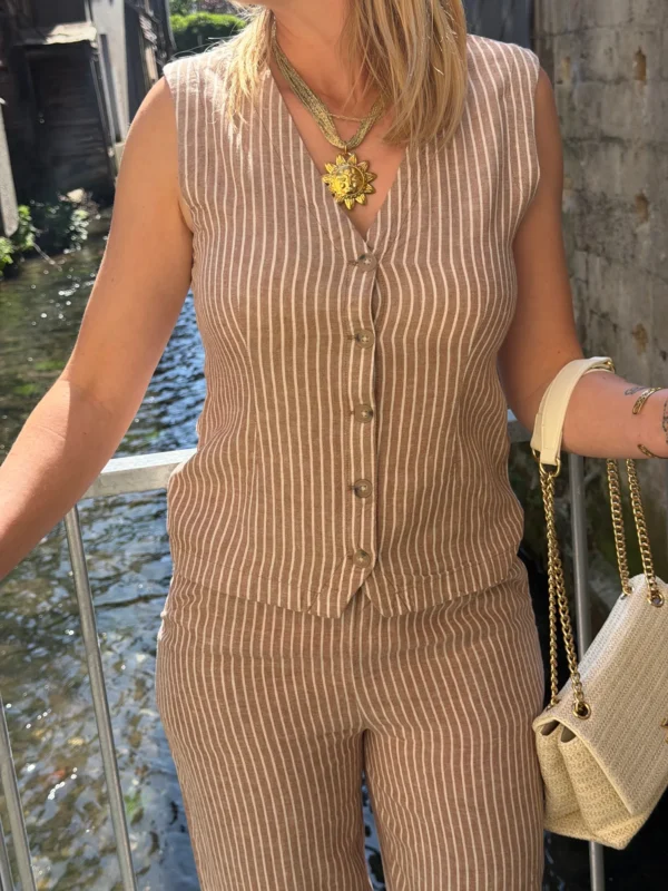Gilet lin femme sans manches rayé taupe – Col V | Dream By C