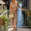 Gilet lin femme sans manches rayé taupe – Col V | Dream By C