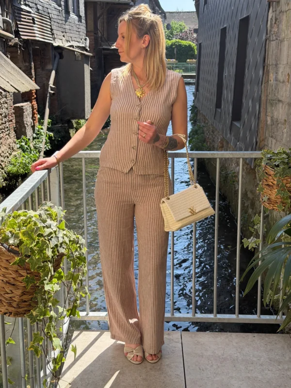 Gilet lin femme sans manches rayé taupe – Col V | Dream By C