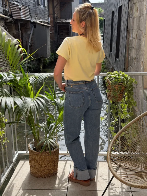 Jean straight à revers femme taille haute bleu - Dream By C