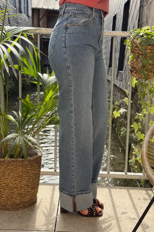 Jean straight à revers femme taille haute bleu - Dream By C