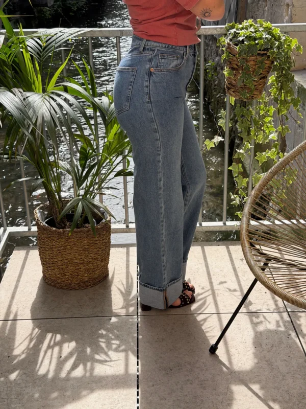 Jean straight à revers femme taille haute bleu - Dream By C