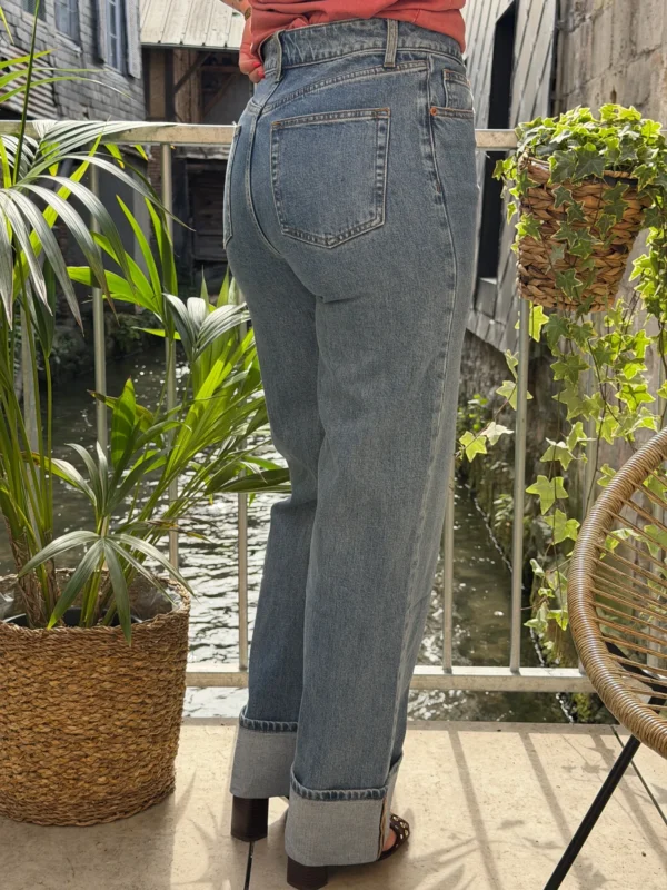 Jean straight à revers femme taille haute bleu - Dream By C