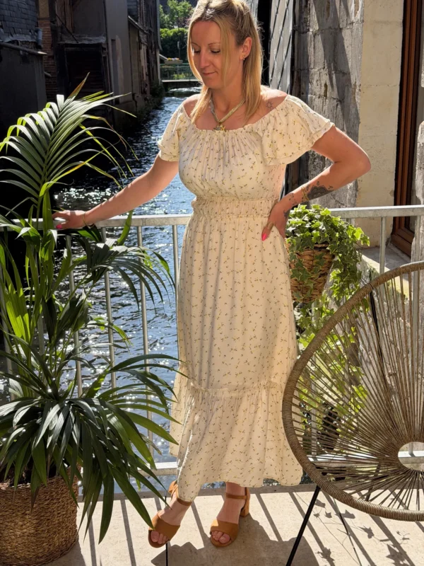 Robe longue bohème femme fleurie – Col bardot | Dream By C
