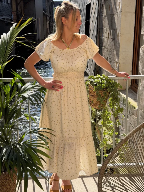 Robe longue bohème femme fleurie – Col bardot | Dream By C
