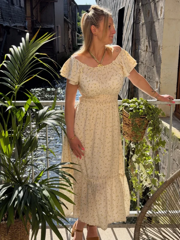 Robe longue bohème femme fleurie – Col bardot | Dream By C