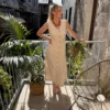 Robe longue lin beige femme – Col V boutonnée | Dream By C