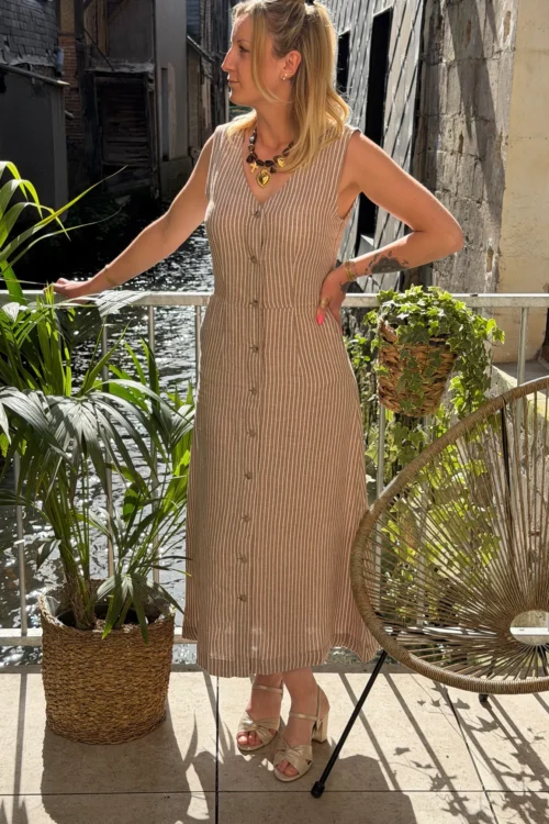 Robe longue lin femme chocolat rayures beige | Dream By C
