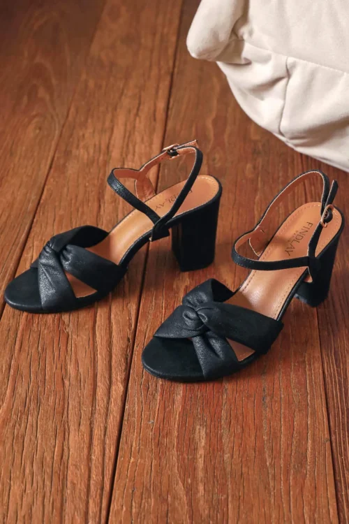 Sandales talon bloc femme nœud – Noir & Doré | Dream By C