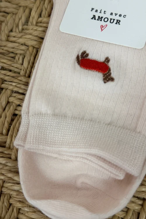 Chaussettes teckel femme brodé rose pâle côtelées | Dream By C