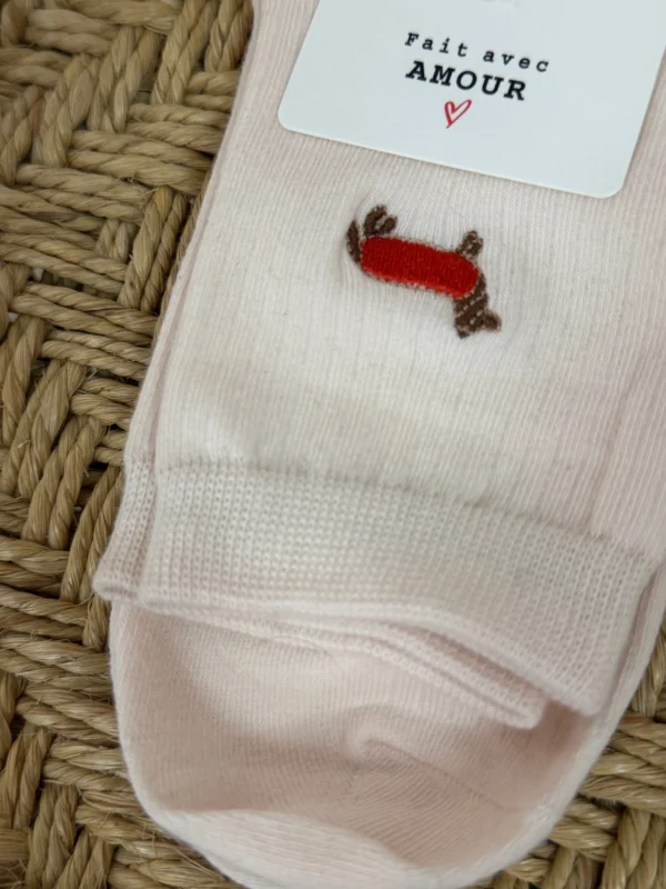 Chaussettes teckel femme brodé rose pâle côtelées | Dream By C