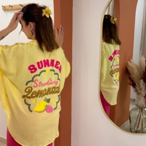 Chemise coton lin brodée femme été jaune | Dream By C