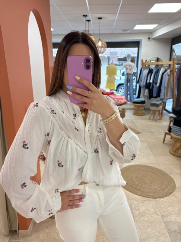 Chemisier fleuri grande taille coton gaze blanc brodé | Dream By C
