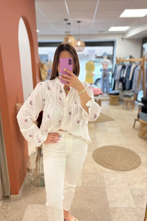 Chemisier fleuri grande taille coton gaze blanc brodé | Dream By C