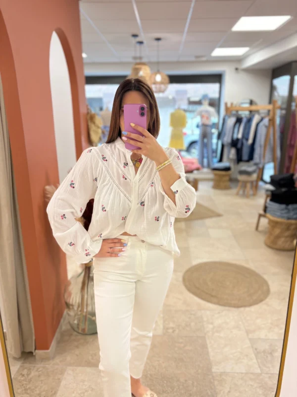 Chemisier fleuri grande taille coton gaze blanc brodé | Dream By C