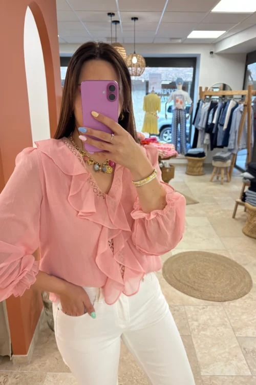 chemisier-fluide-femme-grande-taille-rose-blanc-plisse- Chemisier fluide femme grande taille vieux rose blanc | Dream By C
