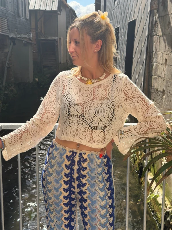 Haut cropped crochet femme écru, manches longues | Dream By C