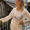 Haut cropped crochet femme écru, manches longues | Dream By C