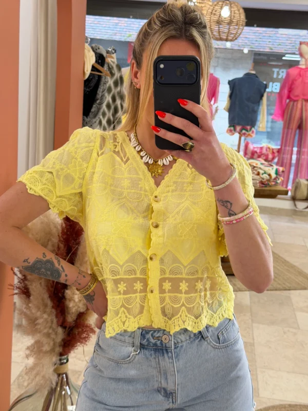 Haut dentelle broderie femme jaune | Dream By C