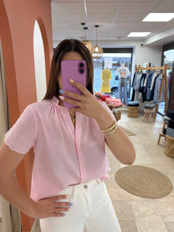 Haut grande taille col V boutons brodé rose bleu | Dream By C