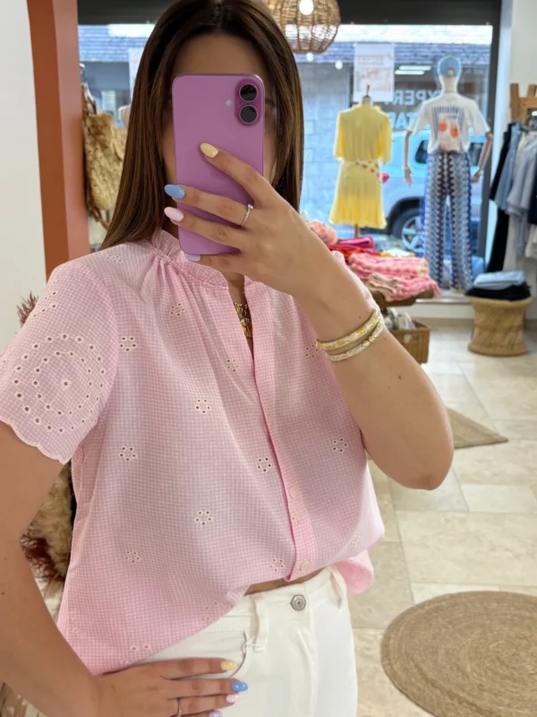 Haut grande taille col V boutons brodé rose bleu | Dream By C