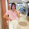 Haut grande taille col V boutons brodé rose bleu | Dream By C
