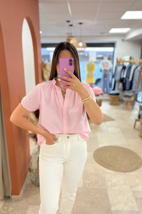 Haut grande taille col V boutons brodé rose bleu | Dream By C