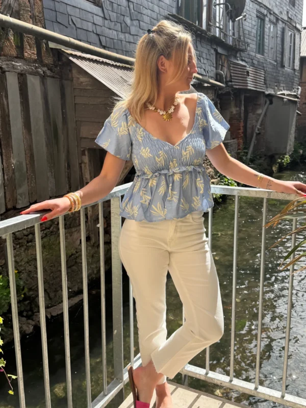 Haut smoké femme viscose bleu ciel motifs feuilles | Dream By C
