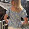 Haut smoké femme viscose bleu ciel motifs feuilles | Dream By C